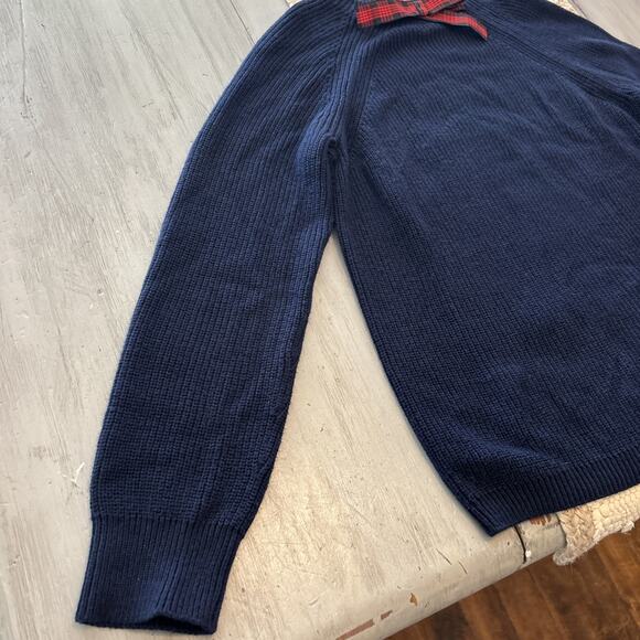 J Crew Mercantile Navy Blue Knit High Neck Sweater Red Plaid Bow Size M Preppy - Picture 4 of 8